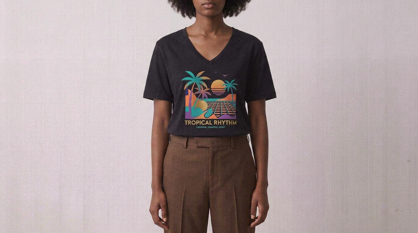 Graphic Print V-Neck Tee - Image 1